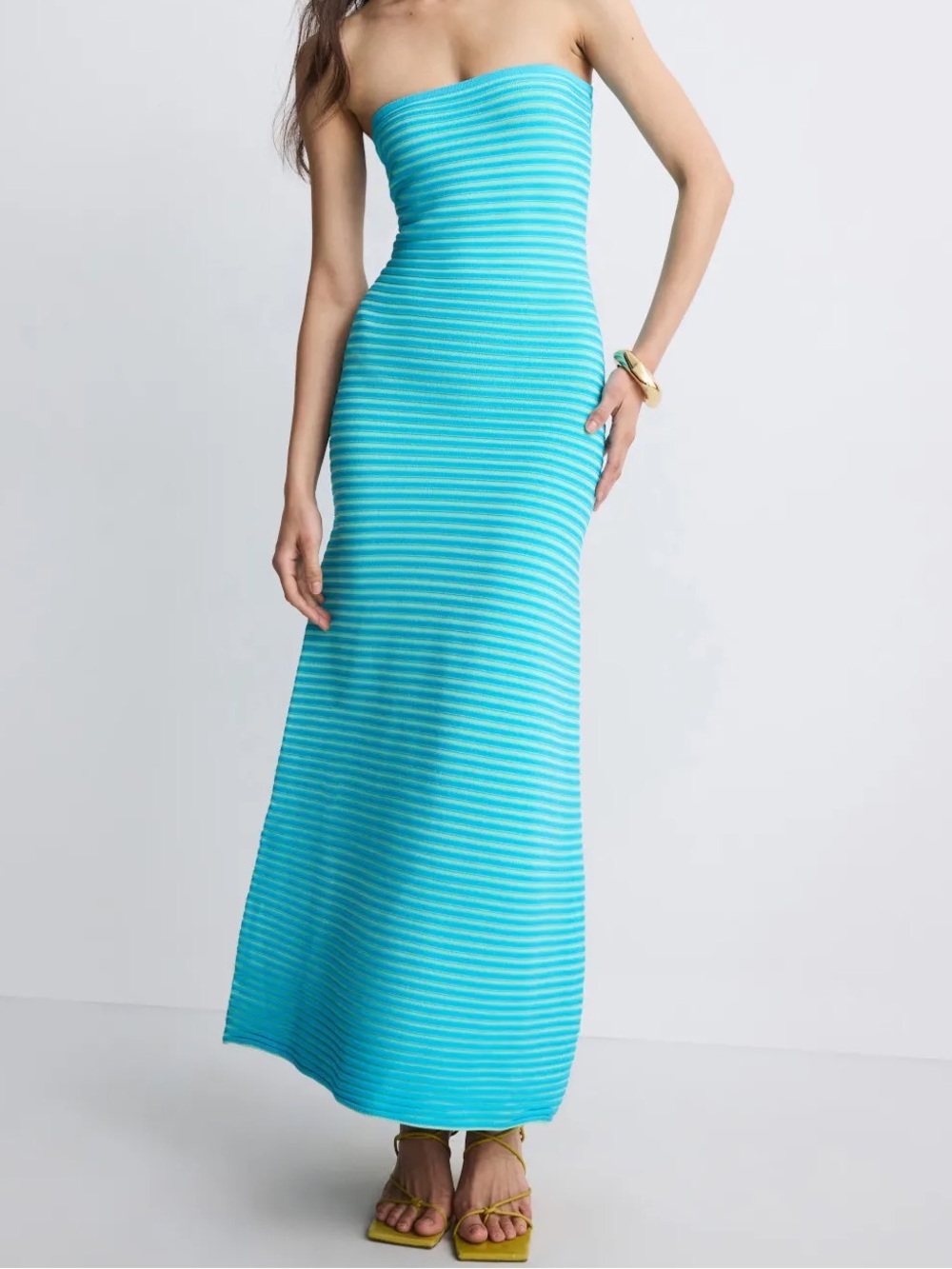 The Wolf Gang Sunmor Knit Maxi Dress Strapless Blue Green Stripe Bodycon Resort